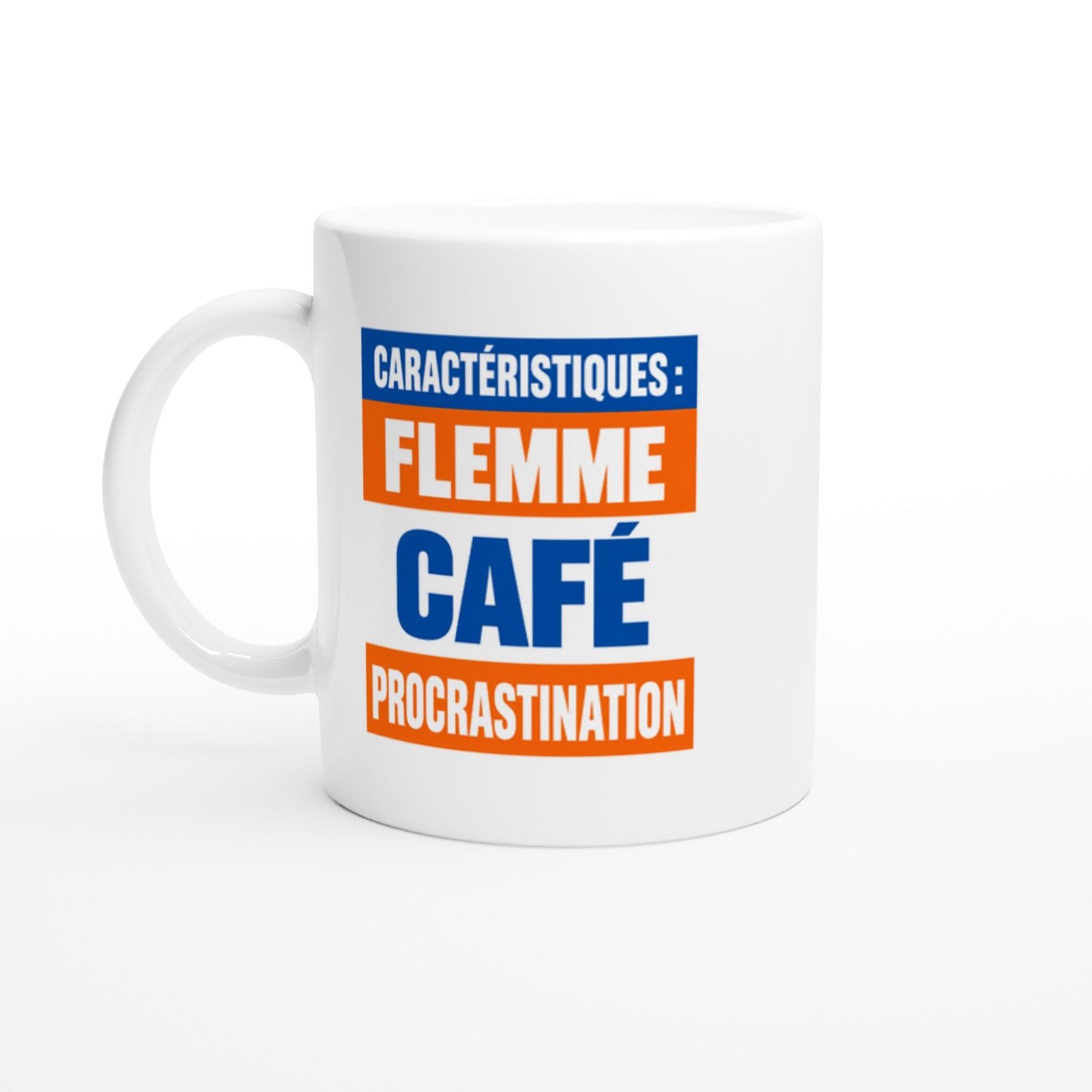 Mug Caractéristiques Flemme Café Procrastination Orange et Bleu