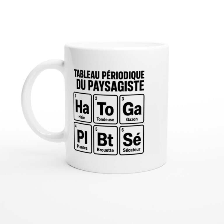 Mug Tableau Périodique du Paysagiste Haie Tondeuse Gazon Plantes Brouette Sécateur