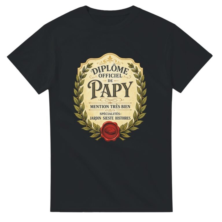T shirt Diplôme Officiel de Papy Mention Très Bien Spécialités Jardin Sieste Histoires
