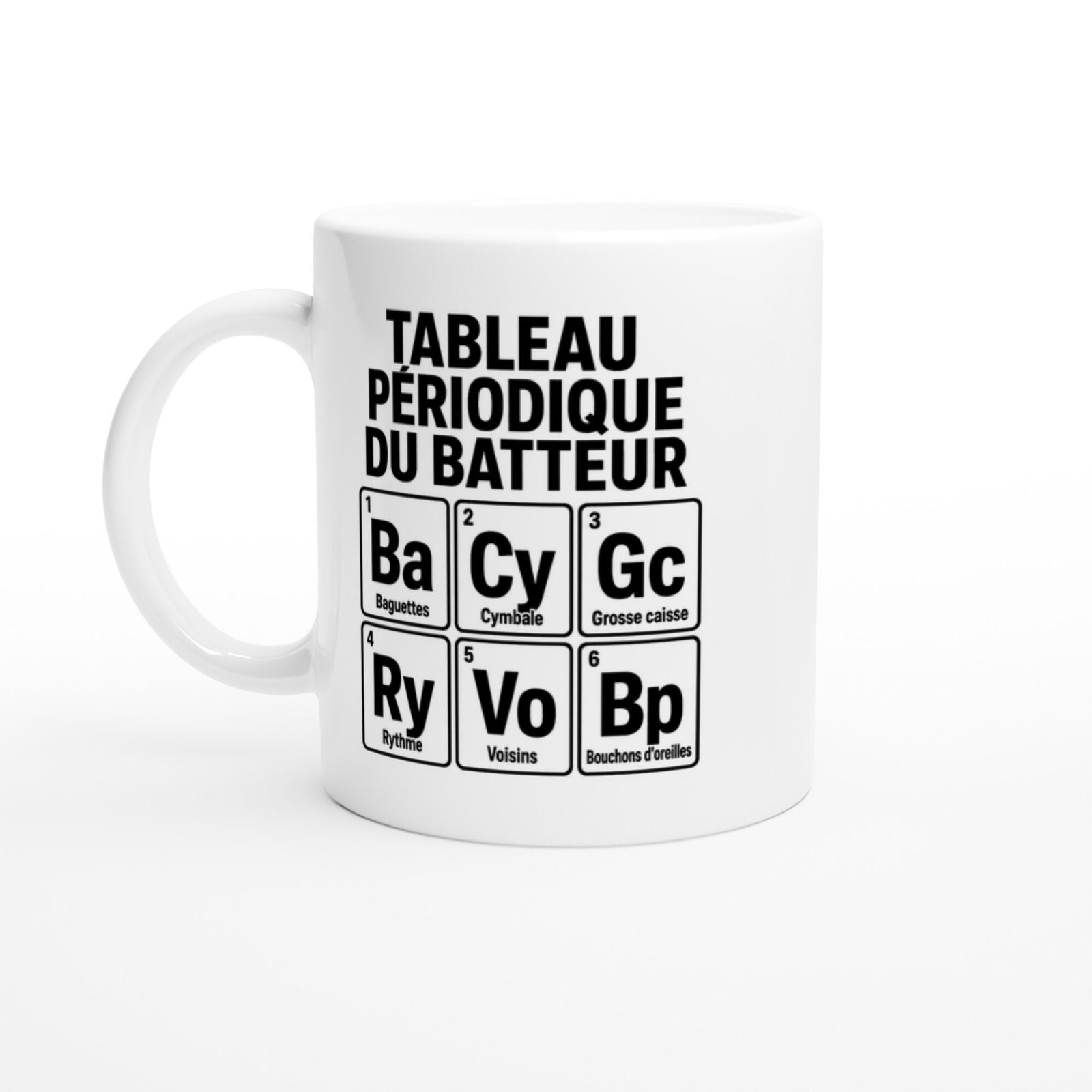Mug Tableau Périodique du Batteur Baguettes Cymbale Grosse Caisse Rythme Voisins Bouchons