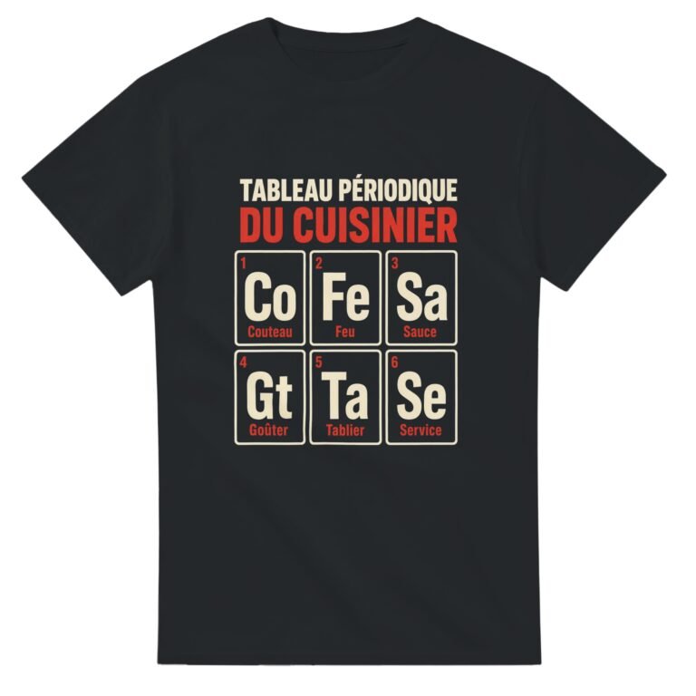 T shirt Tableau Périodique du Cuisinier Couteau Feu Sauce Goûter Tablier Service