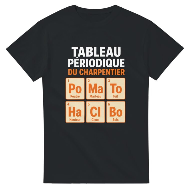 T shirt Tableau Périodique du Charpentier Poutre Marteau Toit Hauteur Clous Bois