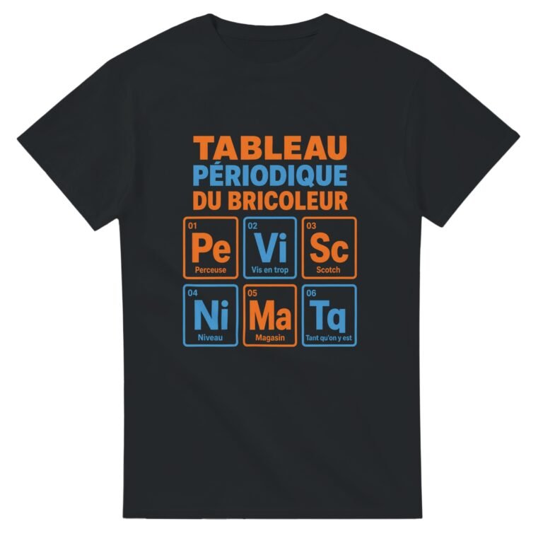 T shirt Tableau Périodique du Bricoleur Perceuse Vis en Trop Scotch Niveau Magasin Tant