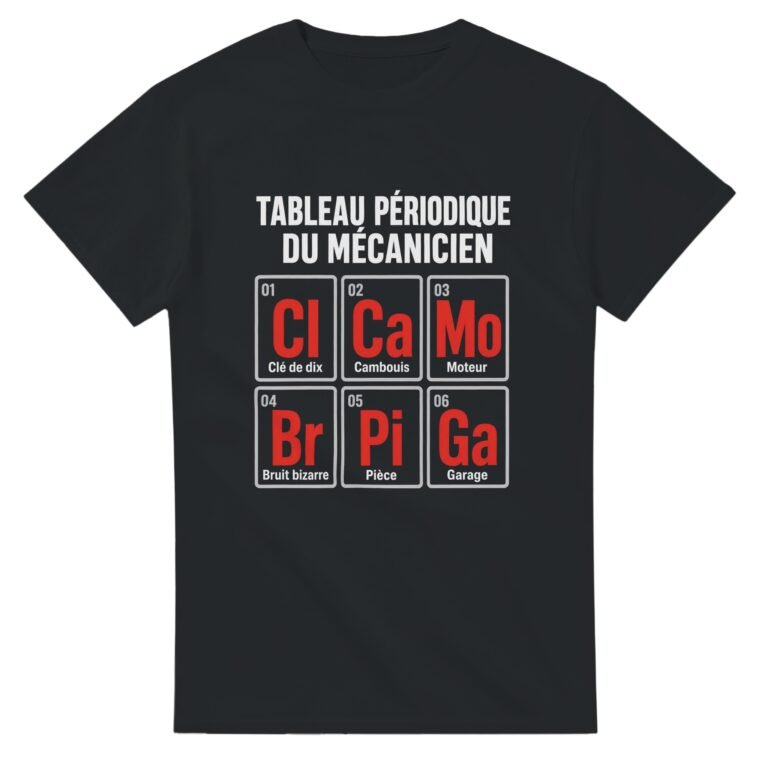 T shirt Tableau Périodique du Mécanicien Clé de Dix Cambouis Moteur Bruit Bizarre Pièce