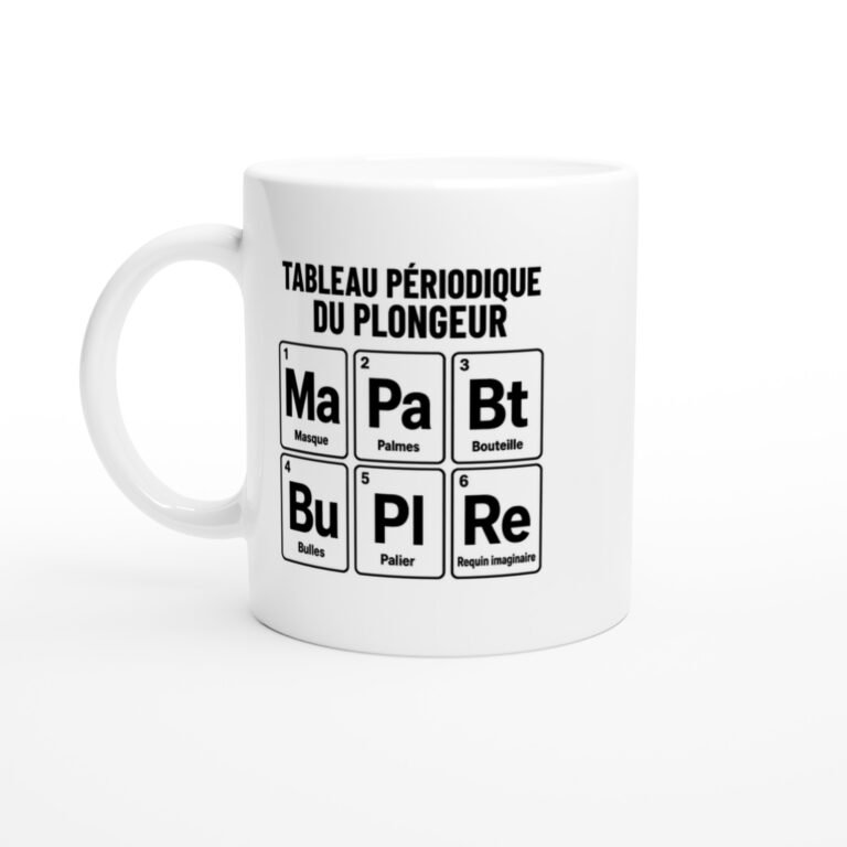 Mug Tableau Périodique du Plongeur Masque Palmes Bouteille Bulles Palier Requin Imaginaire