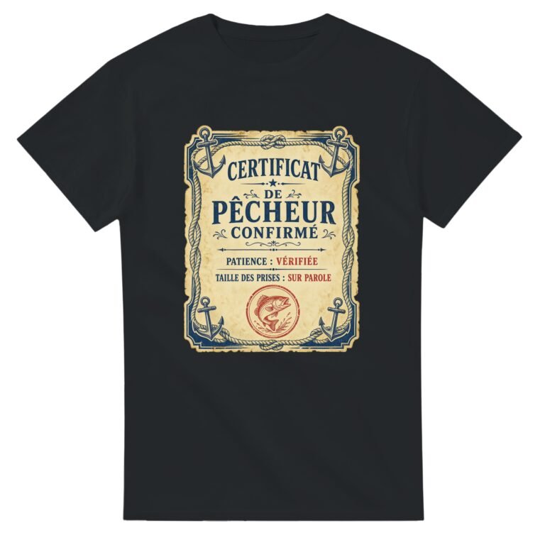 T shirt Certificat de Pêcheur Confirmé Patience Vérifiée Taille des Prises sur Parole