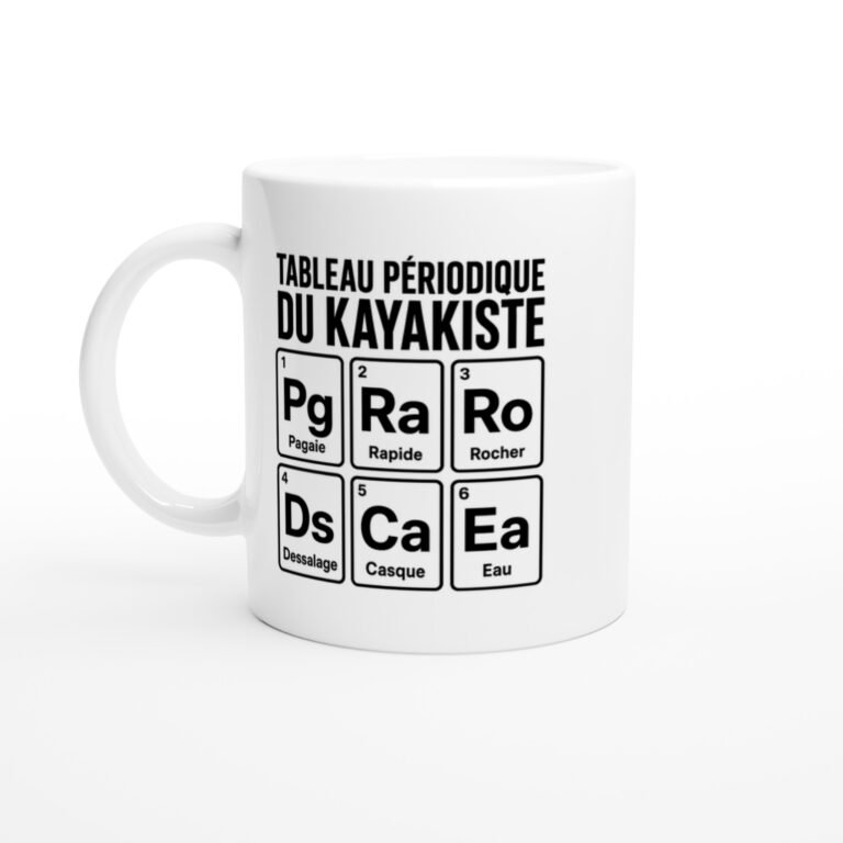 Mug Tableau Périodique du Kayakiste Pagaie Rapide Rocher Dessalage Casque Eau