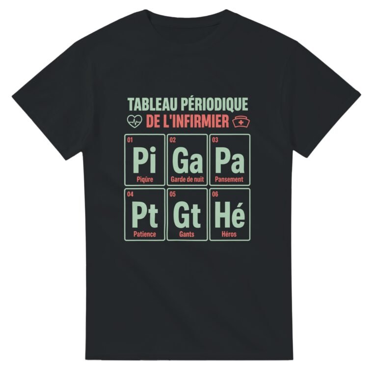 T shirt Tableau Périodique de l'Infirmier Piqûre Garde de Nuit Pansement Patience Gants