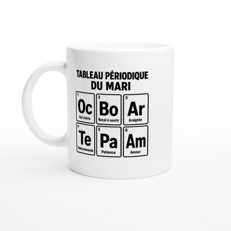 Mug Tableau Périodique du Mari Oui Chérie Bocal à Ouvrir Araignée Télécommande Patience