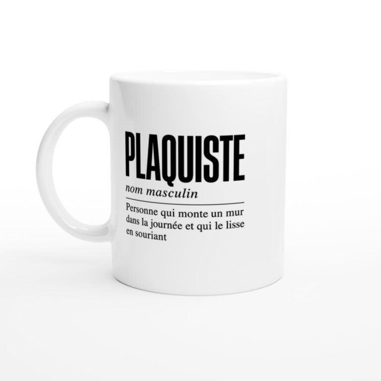Mug Plaquiste Personne Qui Monte un Mur dans la Journée et Qui le Lisse en Souriant