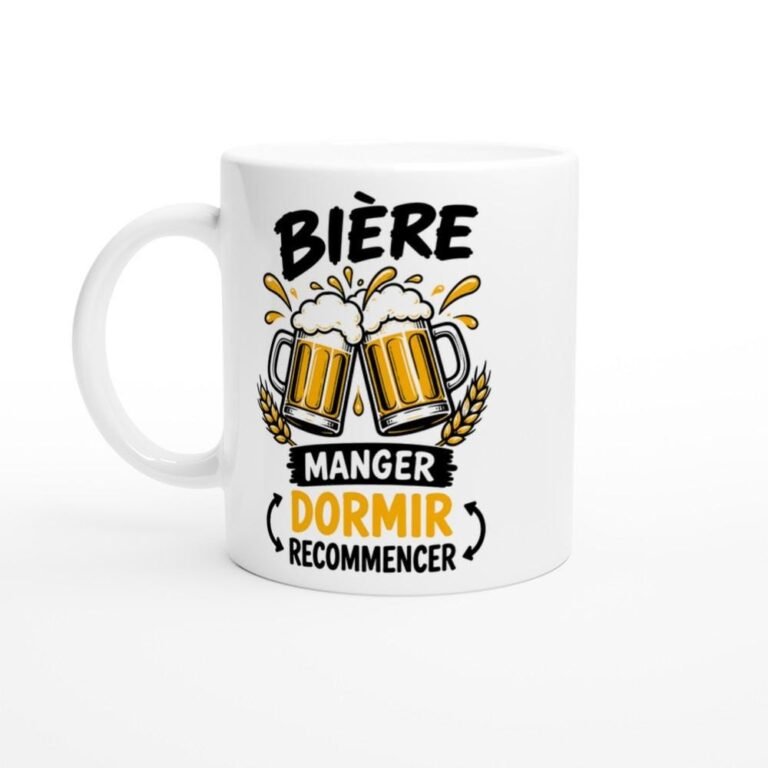 Mug Bière Manger Dormir Recommencer - Idée Cadeau Amateur de Bière