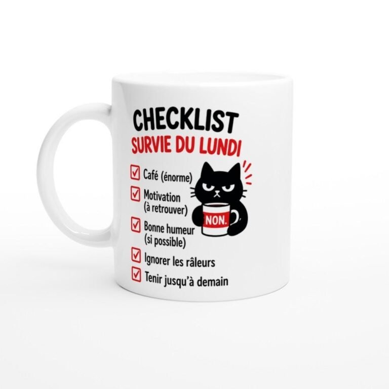 Mug Checklist Survie du Lundi Café Énorme Motivation à Retrouver Bonne - Idée Cadeau