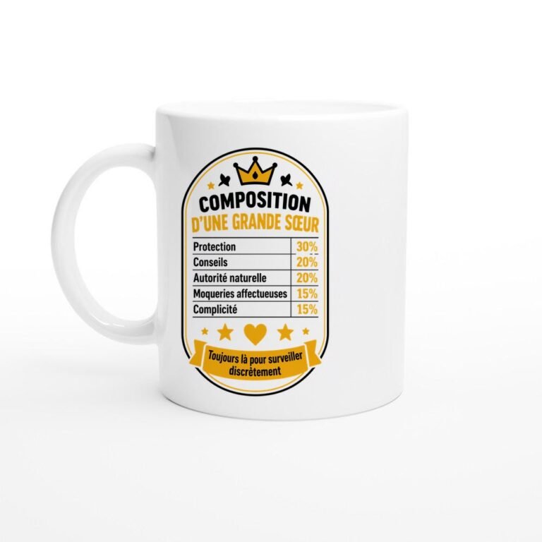 Mug Composition d'une Grande Sœur Protection 30 Pour Cent Conseils 20 Pour Cent Autorité